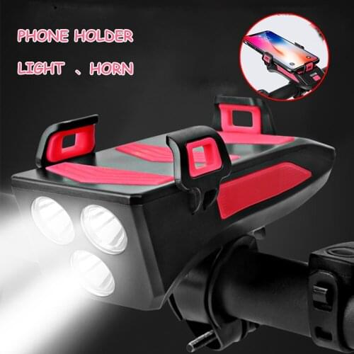 Bicycle Front and Back Headlight LED 4 in 1 with Horn Phone Holder Mount 4000mAh Recharger Power Bank Rechargeable Flashlight