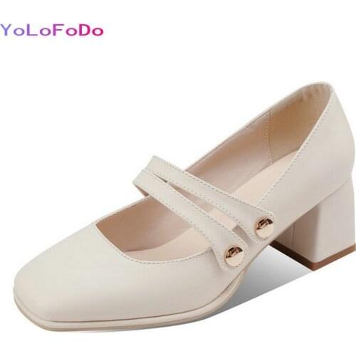 Plus Size 34-43 Spring Autumn Women High Heel Shoes Thick Heel Mary Jane Shoes Fashion Square Toe Buckle Womans Shoes Beige