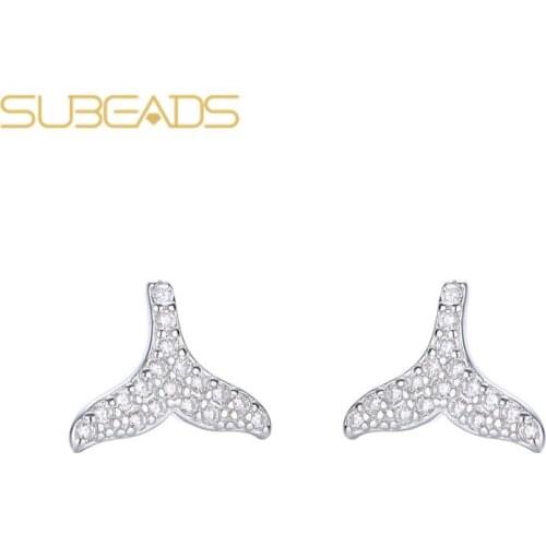 Subeads Real 925 Sterling Silver Whale Tail Crystal Stud Earrings For Women Girls Rhinestone Mermaid Fish Tail Earrings Jewelry