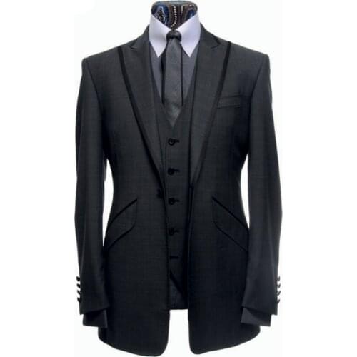 Custom Made Groom Tuxedo Dark Grey Groomsmen Peak Lapel Wedding/Dinner Suits Best Man Bridegroom (Jacket+Pants+Tie+Vest) B237