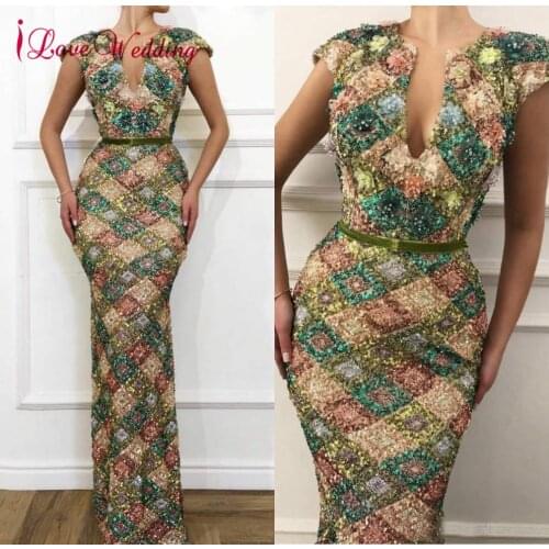 Robe De Soiree 2020 Sexy Formal Dress Cap Sleeves Multi Sequin Lace Evening Dress Custom made Trumpet Evening Gown for Party