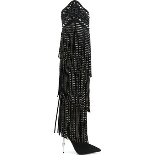 Vintage Crystal Embellished Fringe Overknee Boots Winter Pointed Toe Thigh High Cowboy Boots Design Metal High Heels Party Shoes