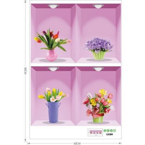 HOT Pink 3D Flowers Vase Wall Sticker For Living Room Bedroom TV Background Wall Decal Home Decor Girl Warm Painting PVC Mural