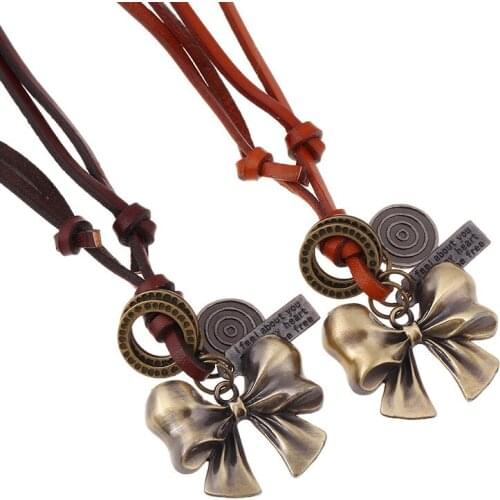 Women Vintage Fashion Pendant Necklace Retro Metal Bow Long Genuine Leather Chain Bronze Bowknot Charms Choker Punk Jewelry Gift