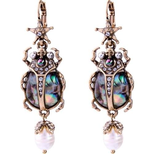 Women Natural Abalone Shell Earrings Freshwater Pearl Beetle Drop Earrings