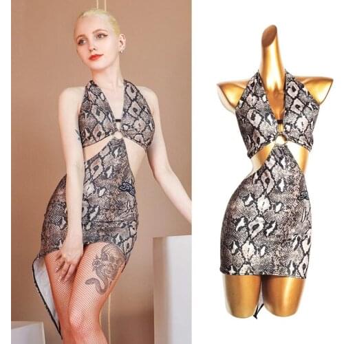 Sexy Backless Halter Latin Dance Dress Snakeskin Pattern Waist Hollow Out Tango Rumba Performance Costume Practice Wear VDB3714