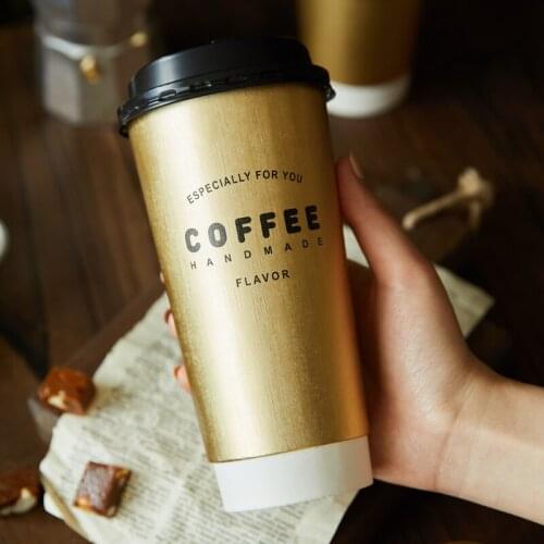 10pcs Net red double wall paper disposable coffee cup 700ml large golden drinking milk tea soy birthday party cups with lids6