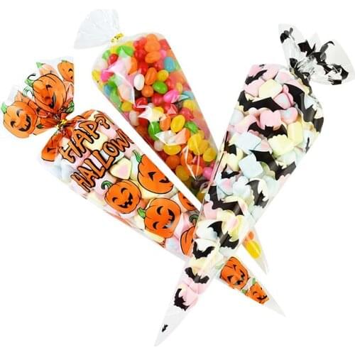 100PCS Halloween Gifts Flower Party Popcorn Halloween Pumpkin Candy Clear Cellophane Packing Bags With Twist Ties Sweet Box Cone