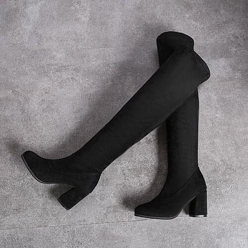 2020 Fashion Women Boots Over The Knee Heels Quality Suede Long Comfort Square Botines Mujer Thigh High Boots Chaussure U11-53