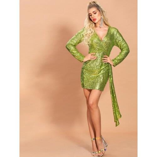2020 Sage Green Semi Formal Short Dress Surplice V Neck Long Sleeve Sequined Cocktail Party Gown with Ribbon