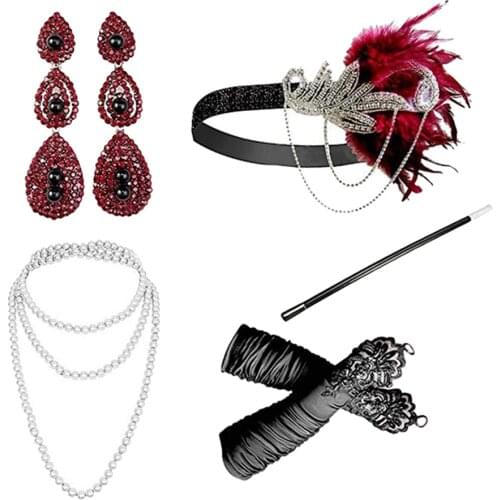 1920s Costume Accessories For Women, 20s Accessories Set: Feather Headband, Earrings, Gloves, Pearl Necklace And Holder