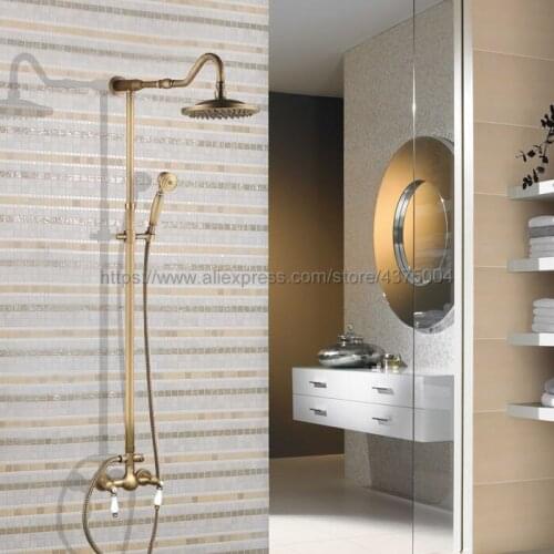 Antique Brass Wall Mounted Shower Set Faucet Dual Handle with Hand Sprayer Bathroom Shower Mixers 8" Rainfall Nan513
