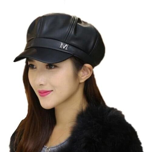 Beret Female Autumn Winter Hats For Women Ladies 100% Pu Leather Beret Cap Boina Feminina Gorras Bone Vintage England Black