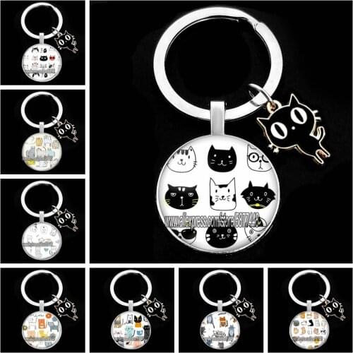 Cute Little Cartoon Cat Glass Pendent Keychain Lovely Kitten Girl Key Holder Lovable Anime Animal Key Holder Gift for Girlfriend