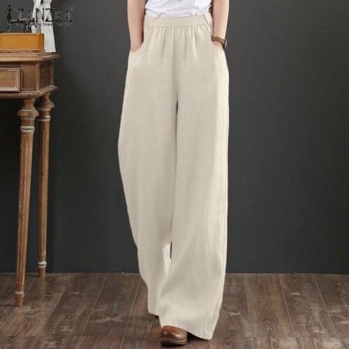 Oversized Elastic Waist Solid Long Trousers ZANZEA Women Wide Leg Cotton Pants Casual Loose Pantalon Palazzo Streetwear Overalls