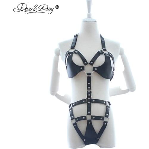 DAVYDAISY Women Sexy Bodysuits Harness Open Bust Sexy Bra PU Leather Thongs Catsuits Sexy Lingerie Teddies Sexy Costumes TE519