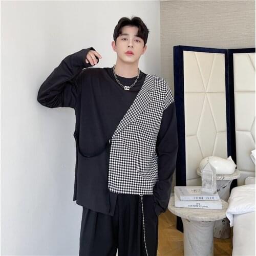 Fake two-piece Pullover mens autumn hairdresser fashion young mens thousand bird lattice color contrast splicing casual coat