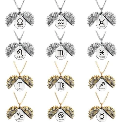 JINGLANG Stainless Steel Zodiac Constellation Sunflower Necklace Pendant Christmas Women Men Jewelry Gift