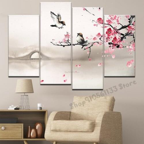 Plum blossom birds 5 d diy painting diamond 4 Pieces diamond embroidery round diamond mosaic art Multi-Panel,China style,GG1606