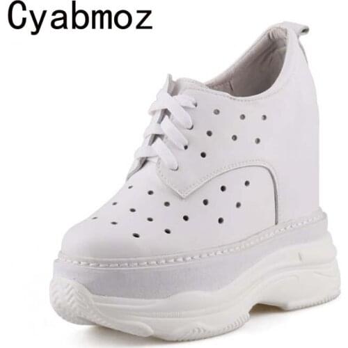 Women Genuine Leather Breathable Hollow Sneakers Invisible Height Increasing 14CM Casual Shoes Ladies Dad Shoes Fashion