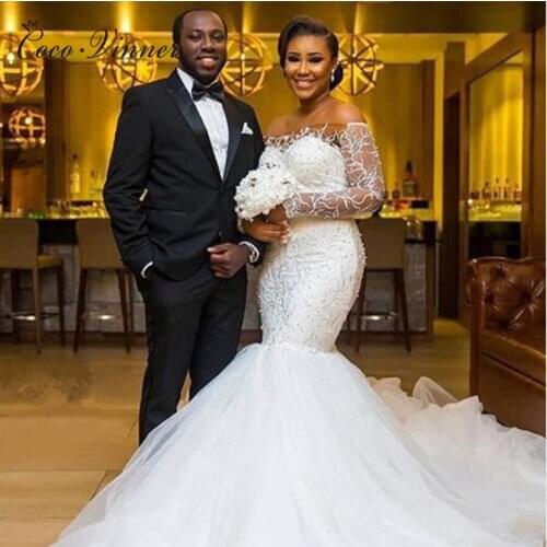 Lace Embroidery Appliques Mermaid Wedding Dresses Africa Style Off Shoulder Long Sleeve Crystal Beads Wedding dress W0400