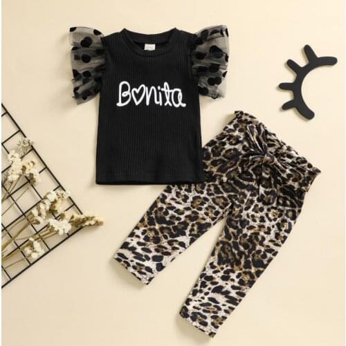 2Pcs Kids Baby Girls Summer Tracksuit Letters Print Ruffles Sleeve Knitted T-Shirt Leopard Print Casual Pants Girls Clothing