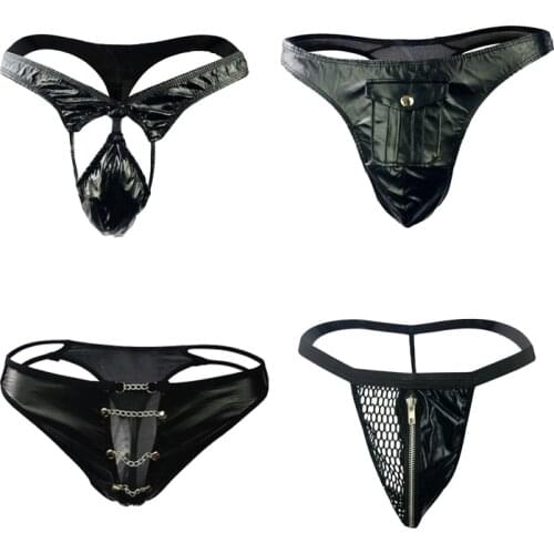 Mens sexy underwear patent leather sexy underwear PU imitation leather low waist imitation leather thong T pants youth favorite