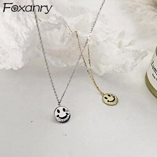 Foxanry 925 Sterling Silver Smiley Face Clavicle Chain Necklace for Women Trendy Elegant Birthday Party Jewelry Gifts Wholesale