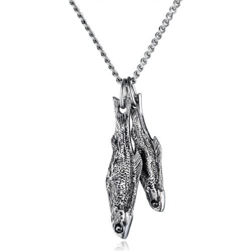 Punk hip hop double fish pendant necklace for men vintage stainless steel jewelry statement accessories 2020 pingente masculino