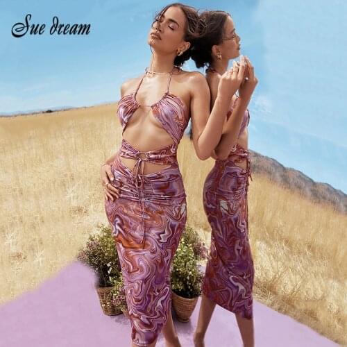 Sexy Hollow Print Halter Backless Bodycon Bandage Dress Fashion Sleeveless Smock Midi Elegant Evening Club Party Dress Vestido