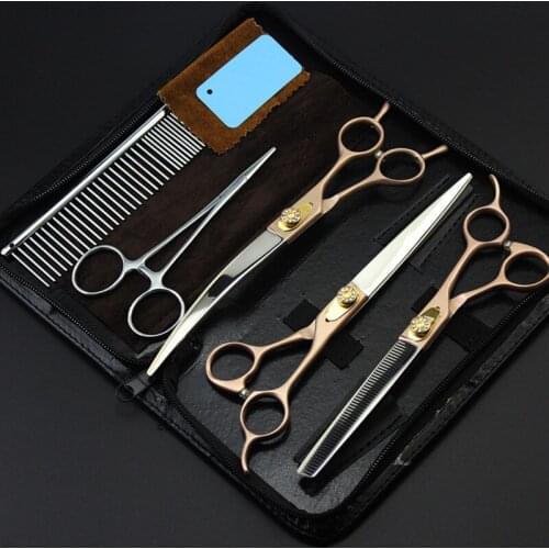 5 kit Professional Japan 440c gold 7 '' pet dog grooming hair scissors cutting barber thinning shears hairdressing scissors set