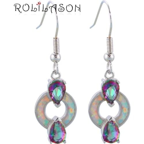 ROLILASON Mysterious Multicolor Zircon Brand White Fire Opal Silver Stamped Fashion Jewelry Drop Earrings for Women OE625