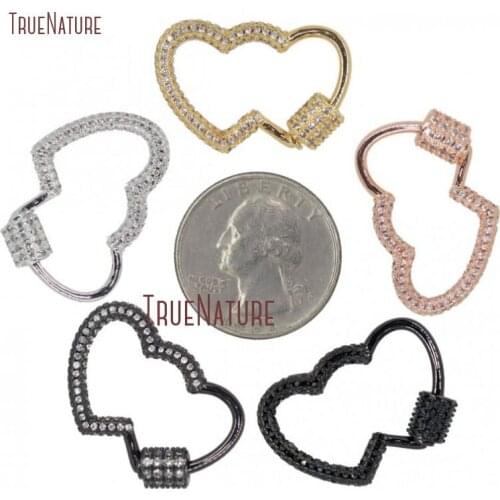 Rose Gold Silver Gun black Double Heart Clasp CZ Micro Pave Screw Clasp Lock Carabiner Pave Lock 28mmx19mm FC28010