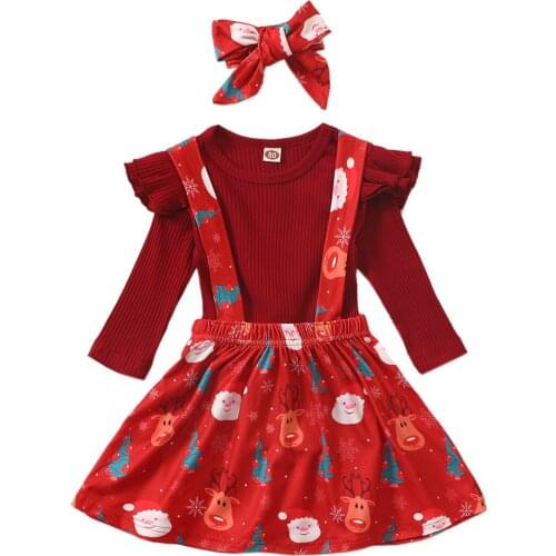 Infant Kids Baby Girl Christmas Suit, Long Sleeve Knitted Top with Chriatmas Printed Suspenders Skirt and Printed Hairband, 3Pcs