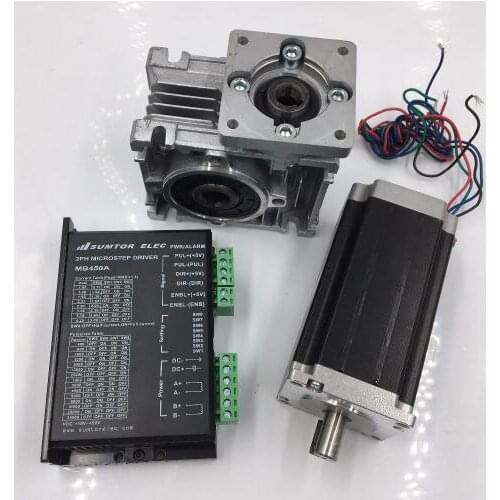 Nema23 Stepper Motor L56mm 5:1 Geared Worm Reducer Gearbox 5.5Nm 2ph DC24-50V 4.2A Geared Stepper Driver& Power Supply Kit