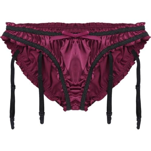 Men Briefs Erotic Underpants Lingerie Shiny Stretchy Ruffled Satin Lined Sissy Gay Sexy Underwear Panties with Plastic Garters