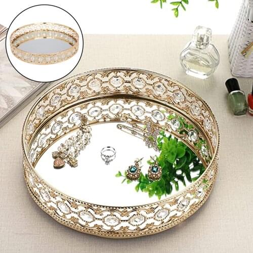 Mirrored Tray Round Dressing Table Tray Decorative Storage Crystal Mirror Jewellery & Makeup Organiser Vanity Tray Drinks Tray