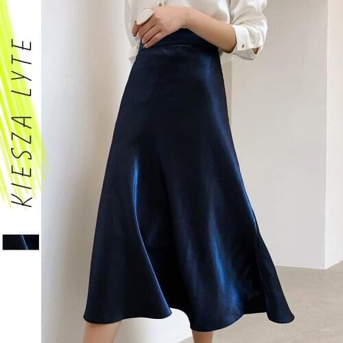 Elegant Women Satin Skirt 2020 Summer High Waist Midi Shiny Silk Imitation Metallic Blue Party A Line Skirts Bottoms