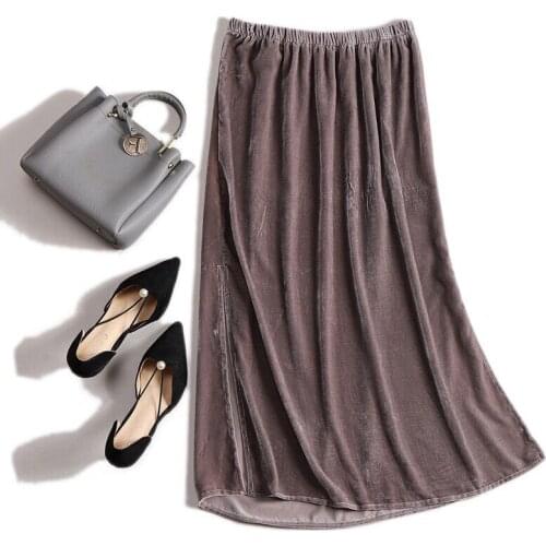 Plus size 5XL 6XL women candy color high waist Spring and Autunm velour skirts, fashion Elegant Split velvet Skirt