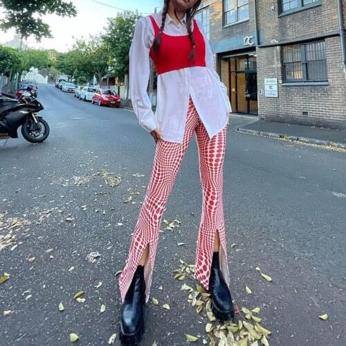 Autumn Winter 2021 New Women Pants Casual Dot Print High Waist Fashion Vintage Design Wide Leg Trousers Long Side Split Pants