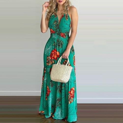 40# Women Tropical Print Long Dress Bohemia Halter Backless Maxi Dress Sexy Sleeveless Ruffle Beach Dress Vestido De Mujer