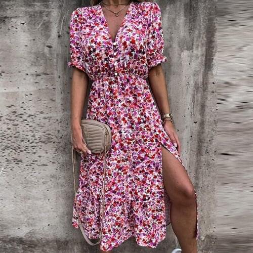 2021 Fashion Boho Dress For Women Summer Short Sleeve Print Floral Beach Long Sundress Casual High Waist Split Fork Sexy Dress