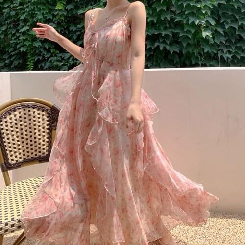Fashion Korean Vintage Casual Sexy Strap Sleeveless Midi Party Dress Ladies Elegant Robe Floral Pink Sweet Ruffle Beach Dress