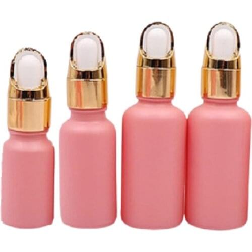 10ml 20ml 30ml Pink Matte Frost Glass Cosmetic Packging Gold Pipette Lid Refillable Essential Oil Dropper Bottles Vials 15pcs