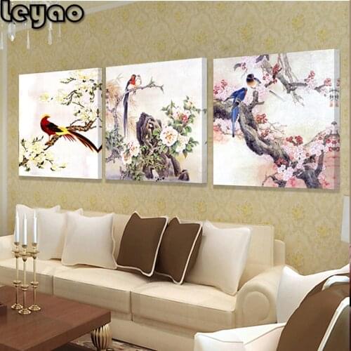 Flowers and birds 5d Diy Diamond Painting Full Square Round Diamond Embroidery Mosaic Needlework Triptych home decoration