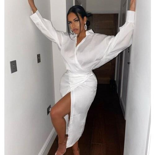 White Shirt Dress African Dresses For Women 2021 Autumn New Sexy Slim-Fit Split Mid-Skirt Irregular Club Dress African Clothing