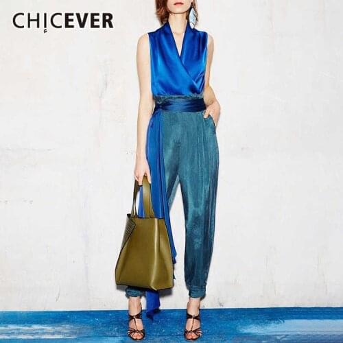 CHICEVER Women Sleeveless Tops Turnip Pants Two Piece Set Sexy V Neck Blouse Shirt High Waist Lace Up Trousers Sets 2020 New
