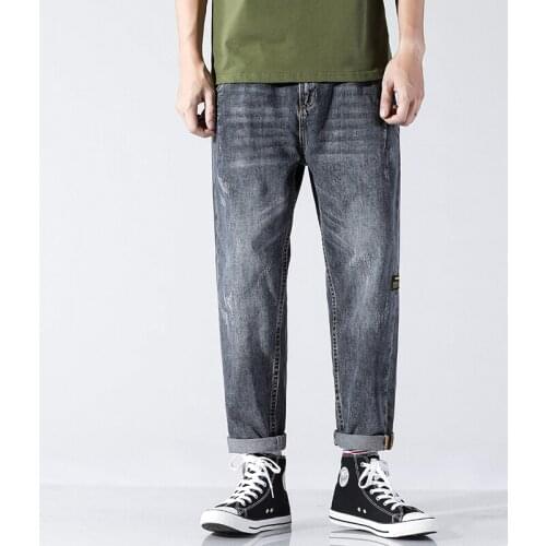 2021 Spring Summer High Quality Cotton Jeans High Street Fashion Trend Brand Young Mens Straight Loose Harem Cropped Pants