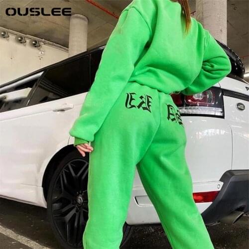 OUSLEE Fleece Oversize Tracksuit Women Harajuku Loose Sweatshirts Sweatpants Outfits Print Wide Leg Pants Sets Sweatsuits Women