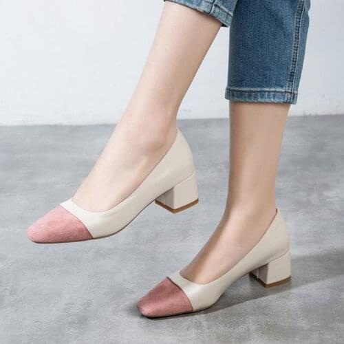 Quality Office Lady Women Pumps Suede Leather Casual Square Low Heels Office work shoes Shallow Solid Elegant Ladies Shoes 34-43
